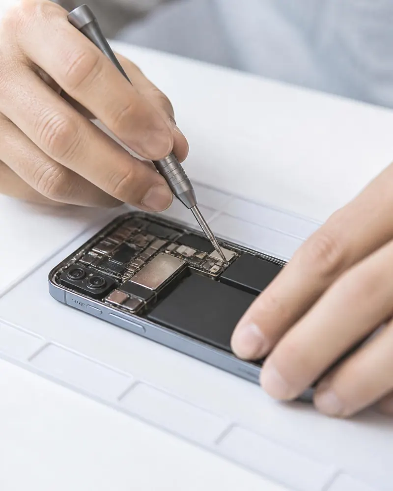 Mãos de técnico usando uma chave de precisão em um celular aberto